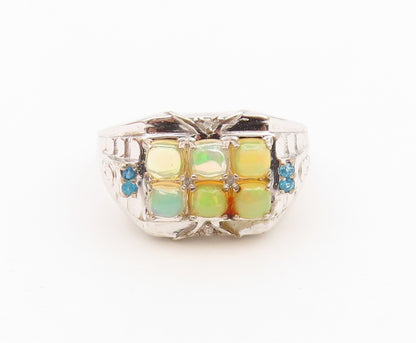 925 Sterling Silver Vintage Ring Fire Opal & Topaz Geometric Band Sz 12 RG36642