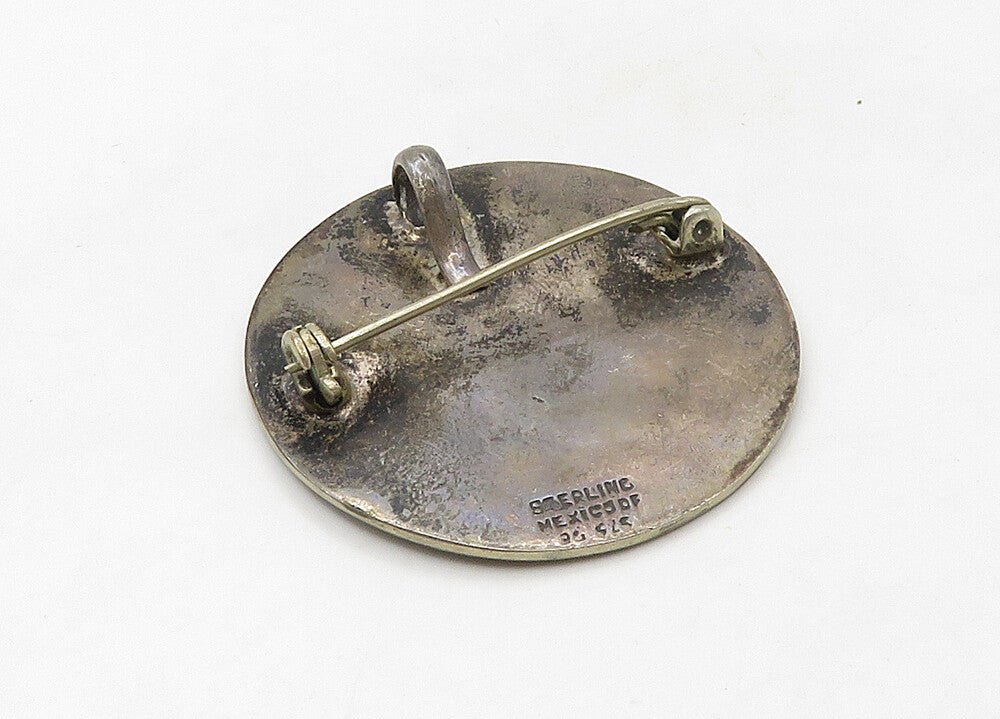 MEXICO 925 Silver  Vintage Mayan Aztec Sun Calendar Round Brooch Pin  BP8417