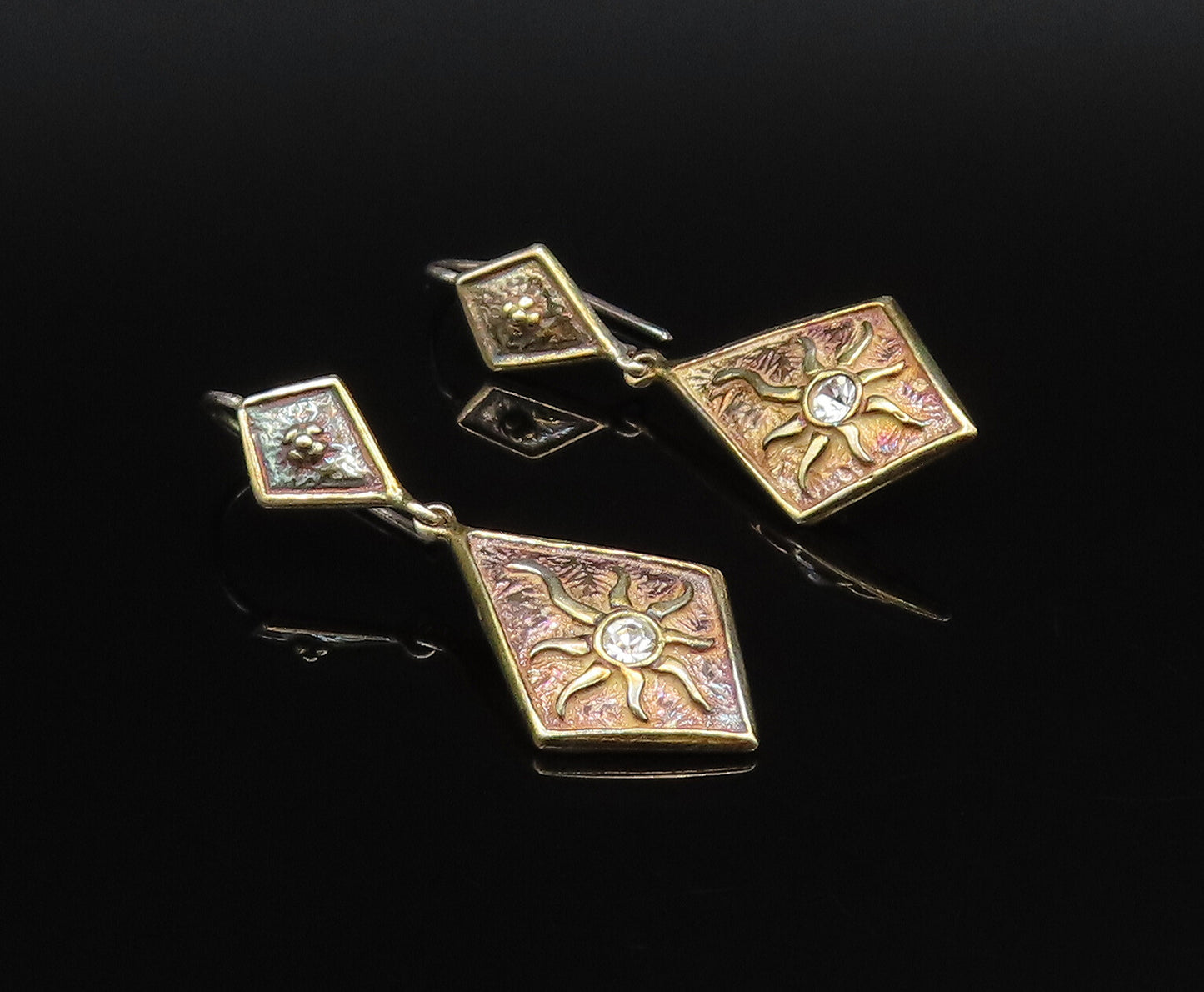 925 Silver  Vintage Cubic Zirconia Sun Motif Diamond Shaped Earrings  EG12227