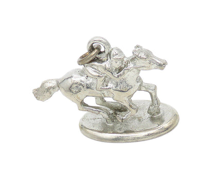 925 Sterling Silver  Vintage Shiny Horse Jockey Statue Drop Pendant  PT12729