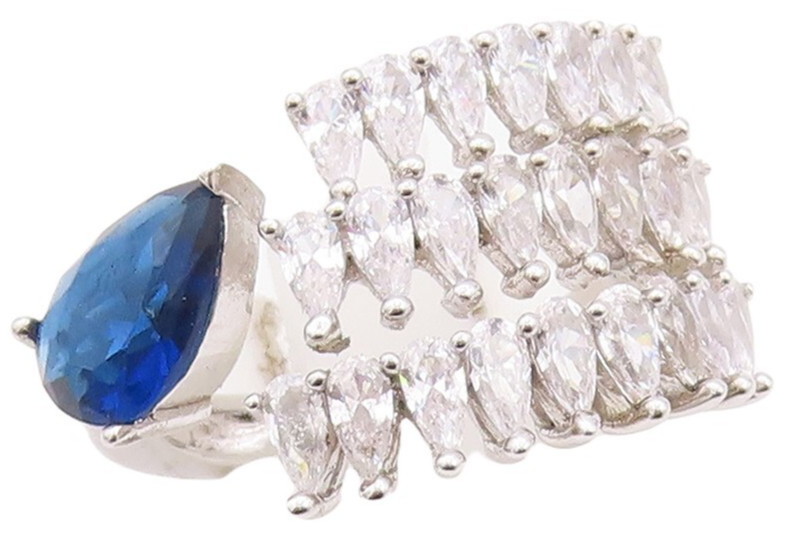 925 Sterling Silver Vintage Ring Designer Drop Cut Topaz Sapphire  Sz 8  RG30059