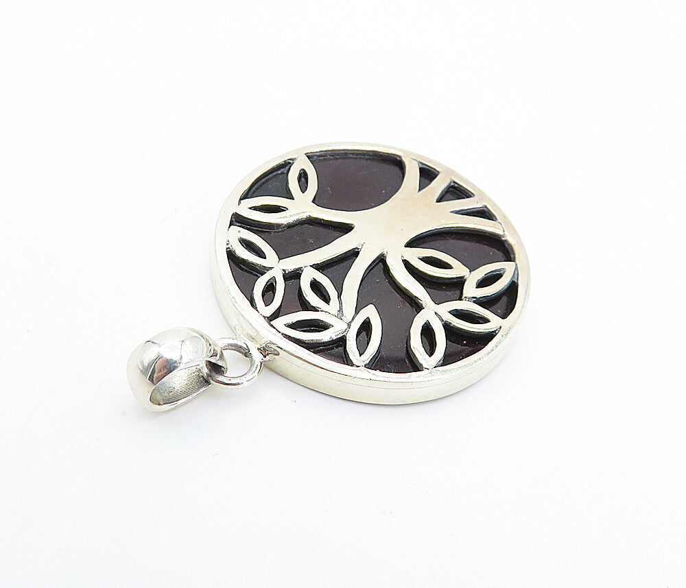 925 Sterling Silver  Vintage Black Onyx Tree Of Life Shiny Pendant  PT5782