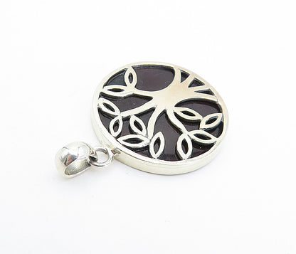 925 Sterling Silver  Vintage Black Onyx Tree Of Life Shiny Pendant  PT5782