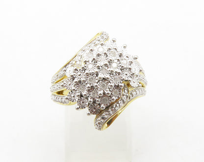 925 Silver  Genuine Diamonds Cluster Two Tone Cocktail Ring Sz 7  RG13385