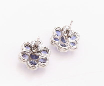925 Sterling Silver Vintage Earrings Modernist Amethyst Inlay Flower  EG13447