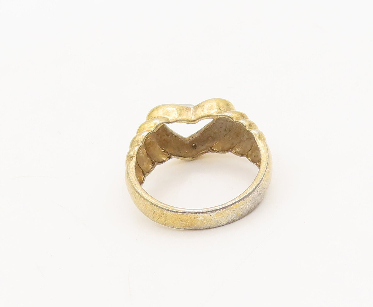 925 Sterling Silver Vintage Ring Gold Plate Carved CZ Love Heart Sz 6  RG27654