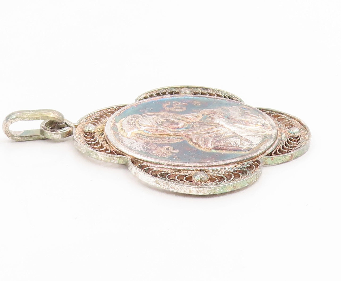 925 Sterling Silver Vintage Pendant Religious Virgin Mary Filigree  PT25942