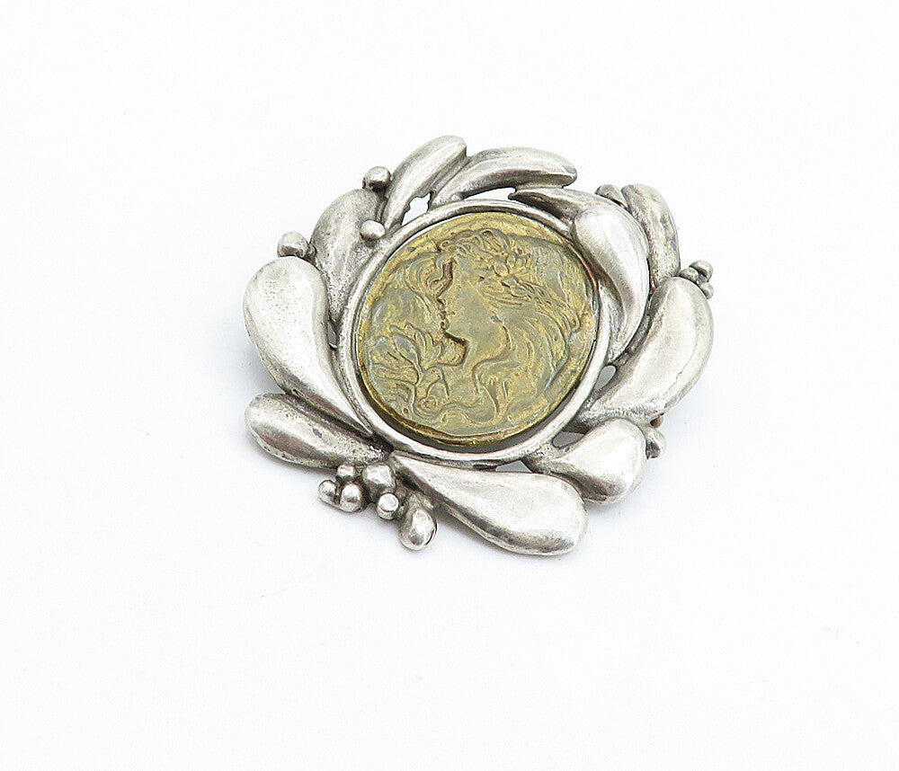 925 Sterling Silver  Vintage Antique Two Tone Woman's Face Brooch Pin  BP2475