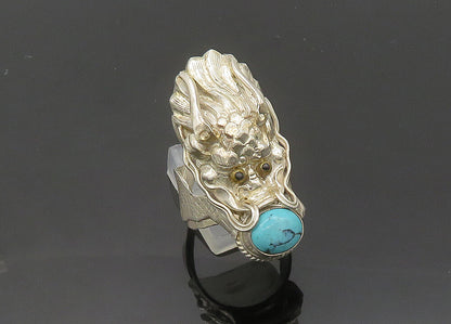 925 Silver  Vintage Turquoise & Black Onyx Dragon Head Ring Sz 9.5  RG20050