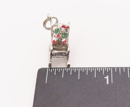 925 Sterling Silver Vintage Pendant DANECRAFT Enameled Carved Sleigh  PT23003