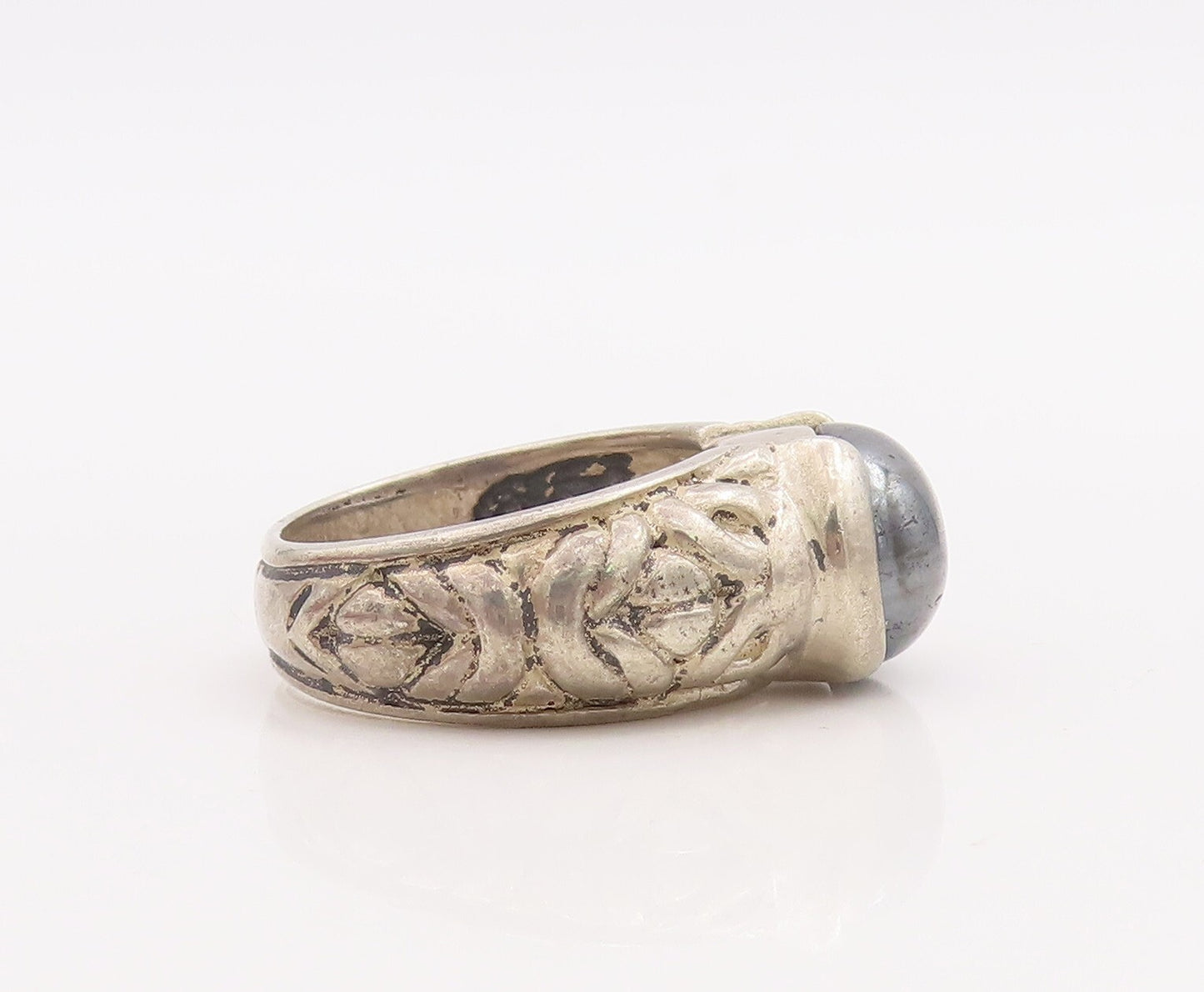 925 Sterling Silver Vintage Ring DAVID SIGAL Carved Oval Hematite Sz 7.5 RG28891