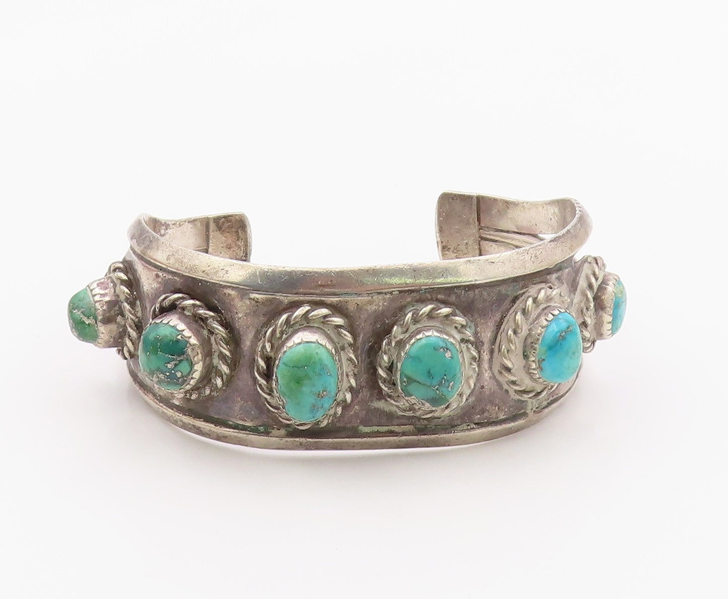 925 Sterling Silver Vintage Bracelet NAVAJO Turquoise Rope Border Cuff  BT12106