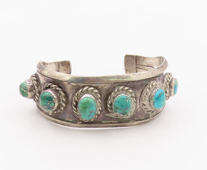 925 Sterling Silver Vintage Bracelet NAVAJO Turquoise Rope Border Cuff  BT12106