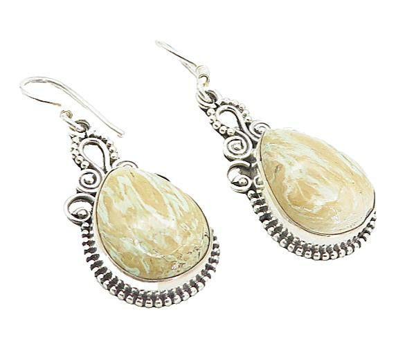 925 Sterling Silver  Vintage Jasper Shiny Swirl Tear Drop Earrings  EG3448