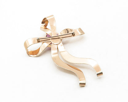 925 Sterling Silver  Vintage Amethyst Bow Tied Ribbon Shiny Brooch Pin  BP4909