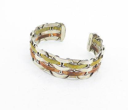 MEXICO 925 Sterling Silver  Vintage Shiny Three Tone Cuff Bracelet  BT1957