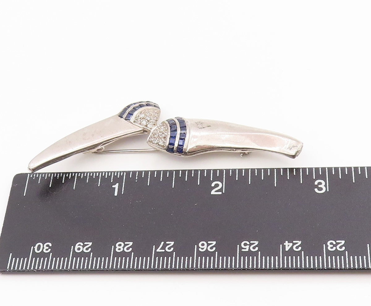 925 Sterling Silver Vintage Brooch Pin Real Diamonds & Sapphire Curves  BP12192