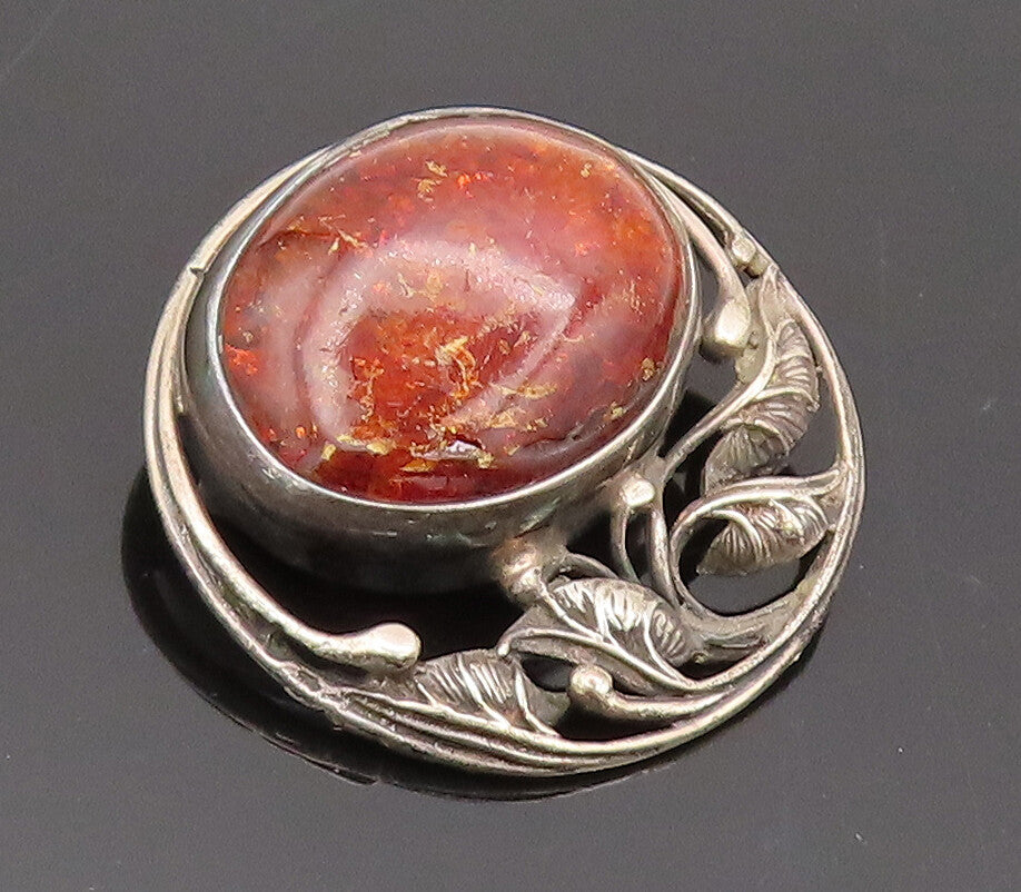 925 Silver  Vintage Swirly Cutout Leaf & Large Amber Round Brooch Pin  BP10515