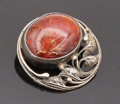 925 Silver  Vintage Swirly Cutout Leaf & Large Amber Round Brooch Pin  BP10515