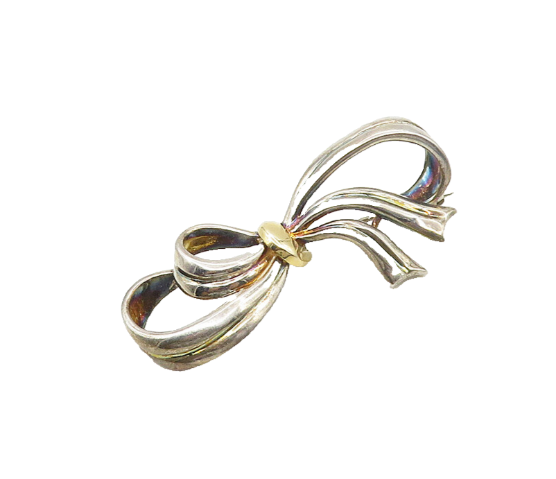925 Sterling Silver  Vintage Shiny Two Tone Bow Tied Ribbon Brooch Pin  BP7004
