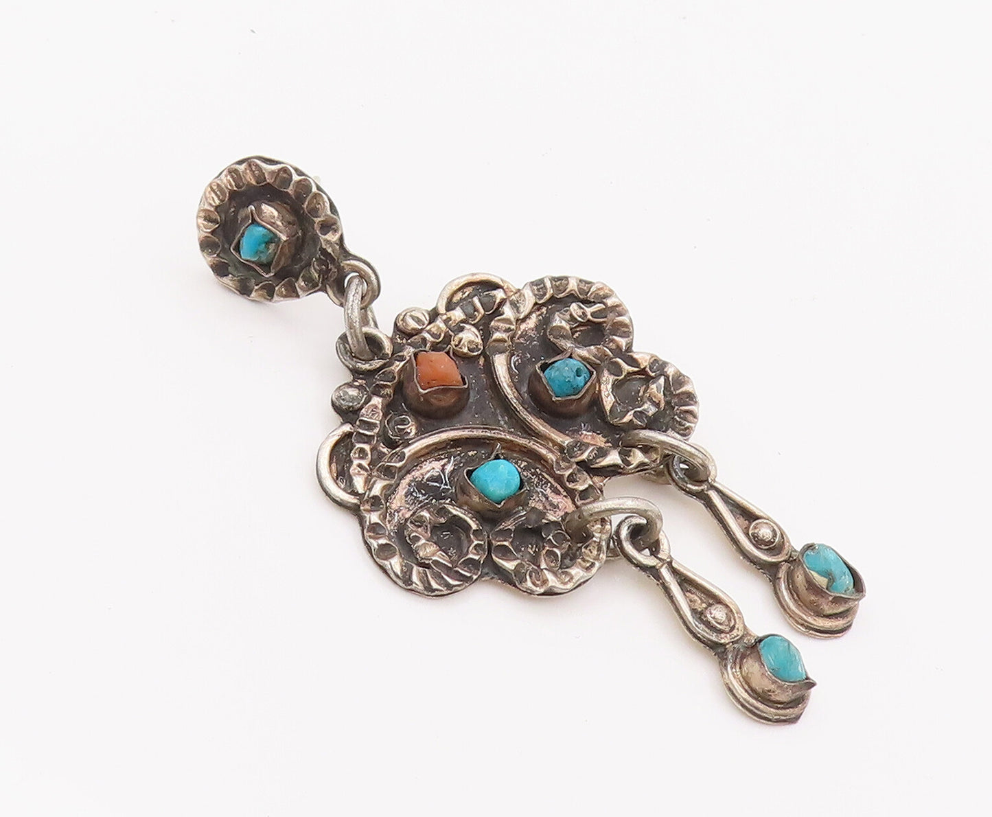 925 Sterling Silver Earrings MEXICO Swirly Dented Carved Turquoise  EG12843