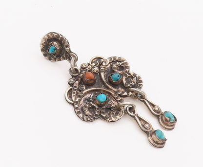925 Sterling Silver Earrings MEXICO Swirly Dented Carved Turquoise  EG12843
