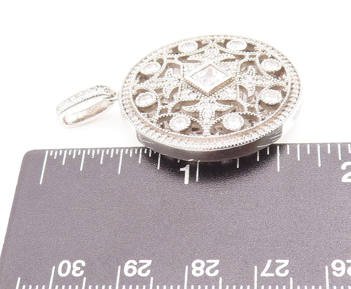 925 Sterling Silver Vintage Pendant Cutout Floral Design CZ Inlay  PT23300