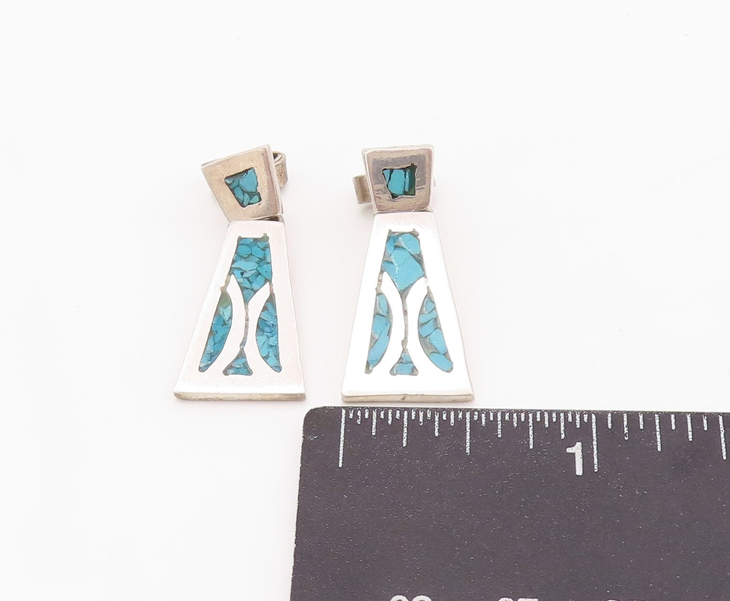 925 Sterling Silver Vintage Earrings MEXICO Crushed Turquoise Inlay  EG13618