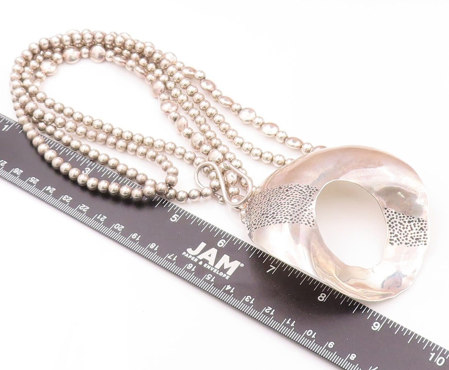 925 Sterling Silver Vintage Necklace Designer Beaded Chain Large Doughnut NE4279