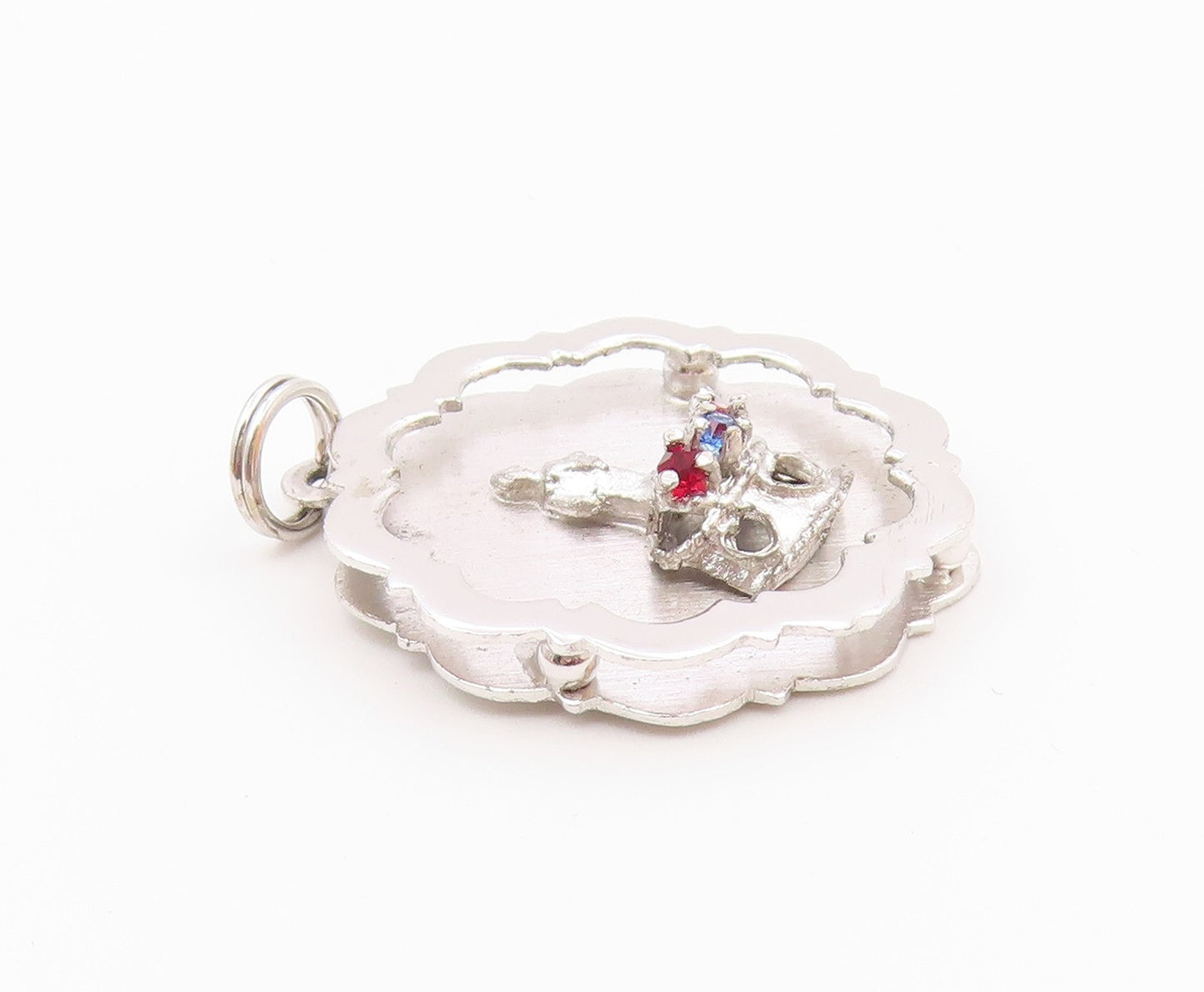 925 Sterling Silver   Vintage Garnet & Blue Topaz Royal Crown Pendant  PT18285