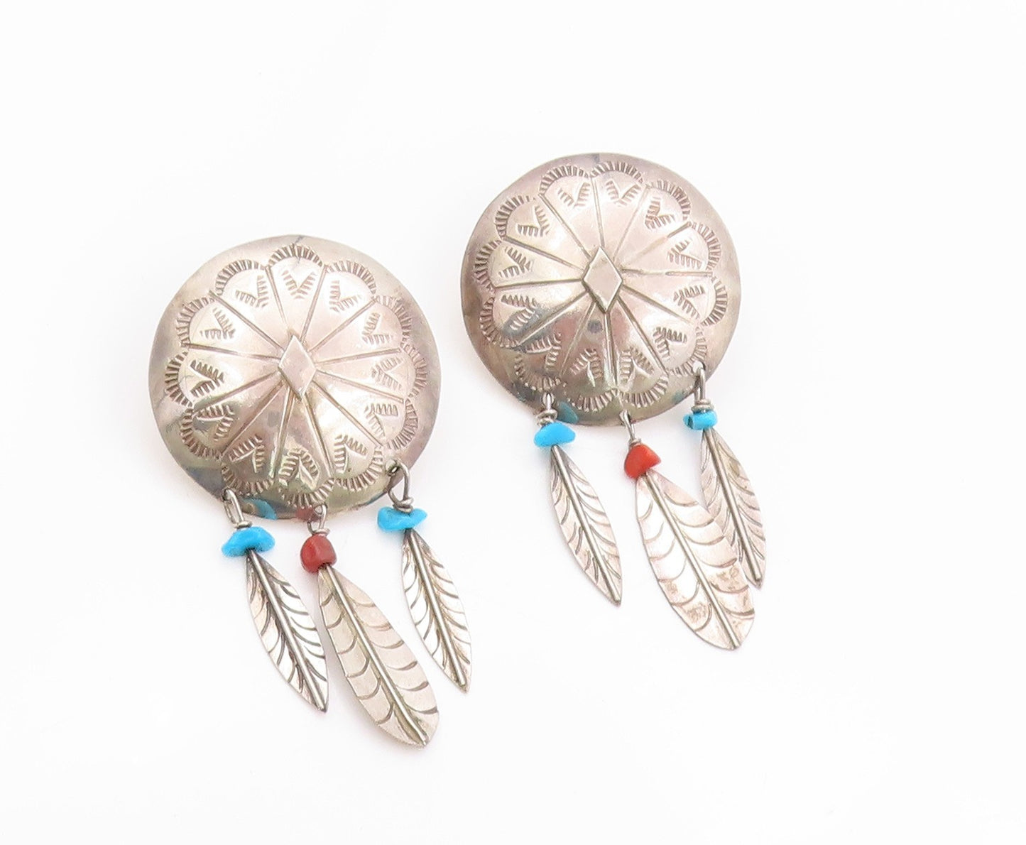 925 Sterling Silver Vintage Earrings SOUTHWESTERN Turquoise Feathers EG13530