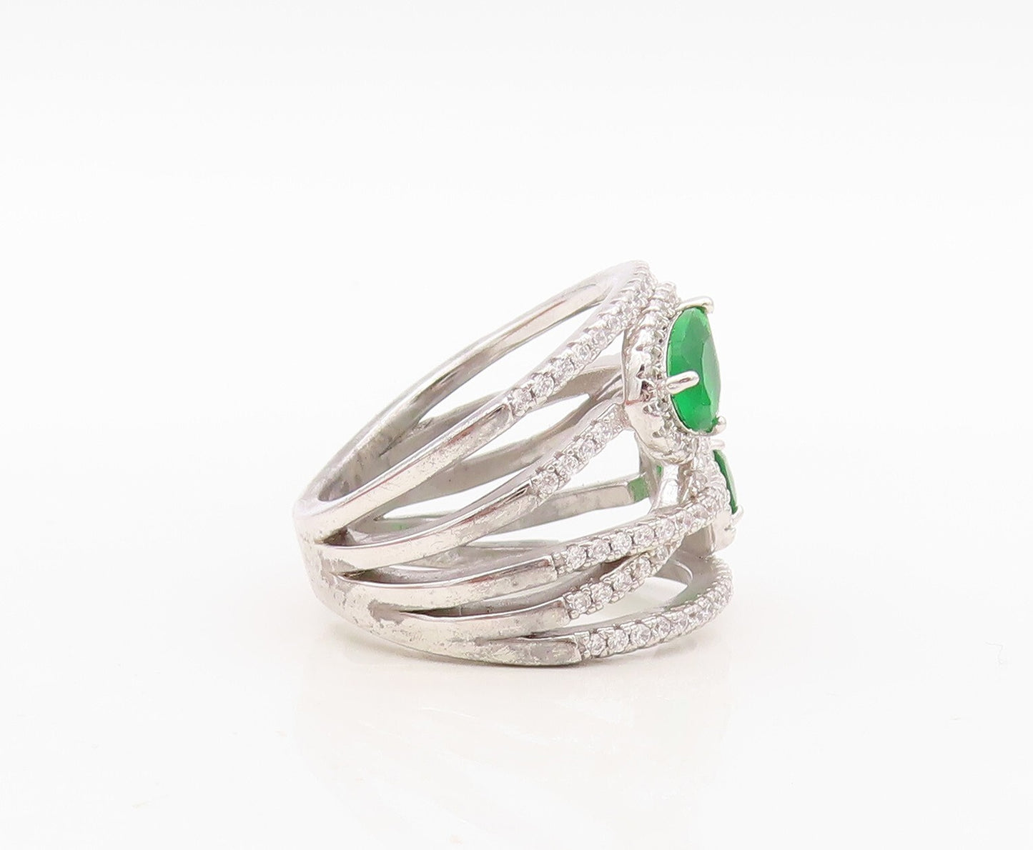 925 Sterling Silver Vintage Ring Cutout Band Green & White CZ Inlay Sz 7 RG30445