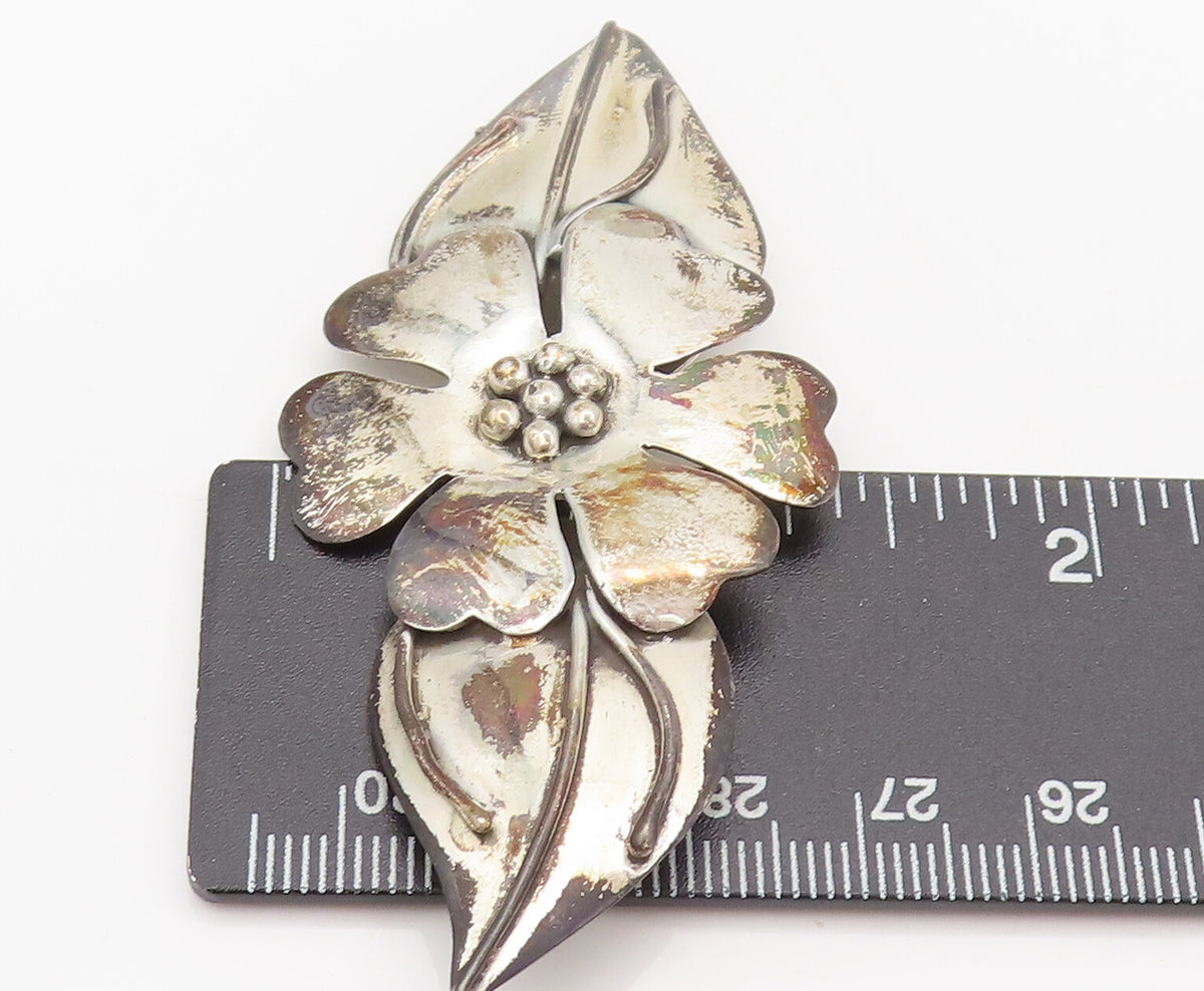 925 Sterling Silver  Vintage Designer Beaded Flower & Leaf Brooch Pin  BP10421