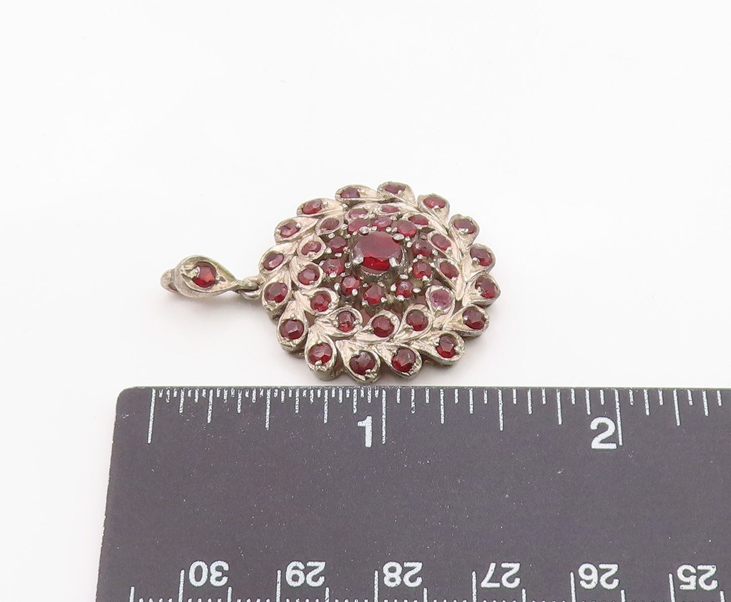 925 Sterling Silver Vintage Pendant Garnet Bohemian Floral Starburst  PT26330
