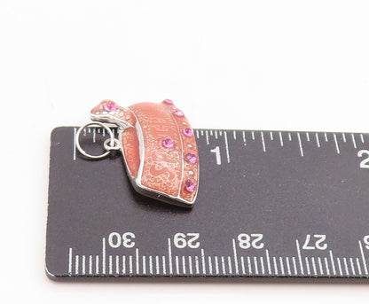 925 Sterling Silver Vintage Pendant Pink Topaz Enameled Spoiled Pet Tag  PT25434