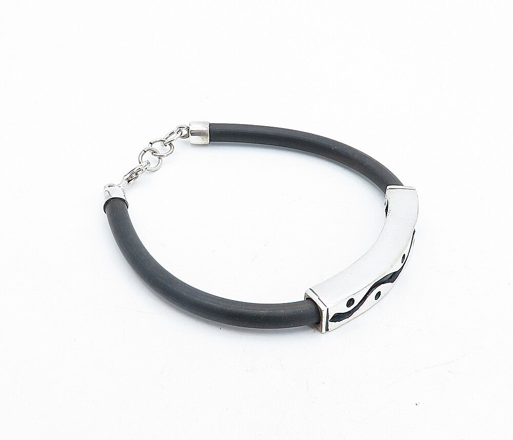 925 Sterling Silver  Swirl Dot Cutout Design Flexible Rubber Bracelet  BT1475