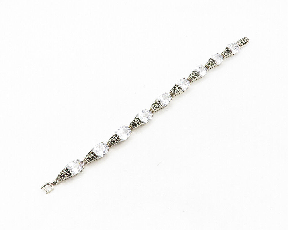 925 Sterling Silver  Shiny Cubic Zirconia & Marcasite Chain Bracelet  BT6829