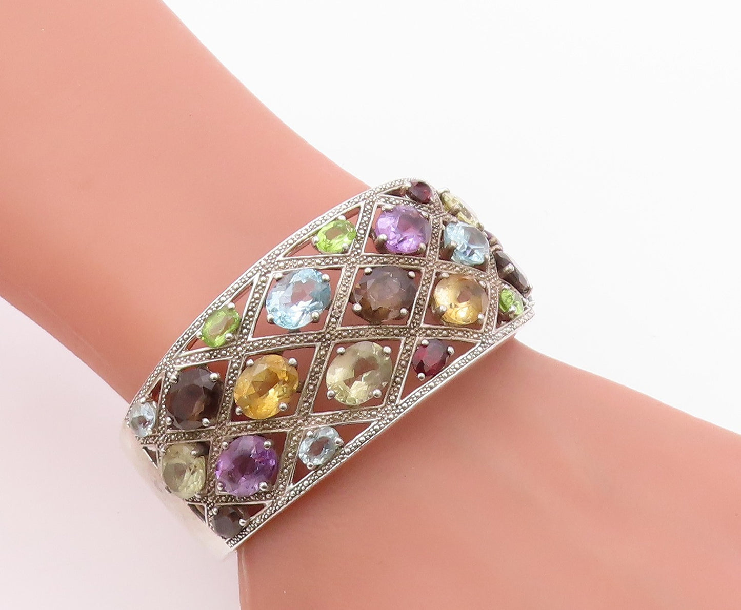 925 Sterling Silver Vintage Bracelet MICHELLE ALBALA Multi Gemstone Cuff BT11990