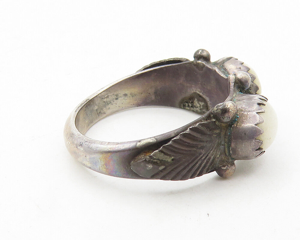 NAVAJO 925 Sterling Silver  Vintage White Agate Floral Band Ring Sz 5  RG10143