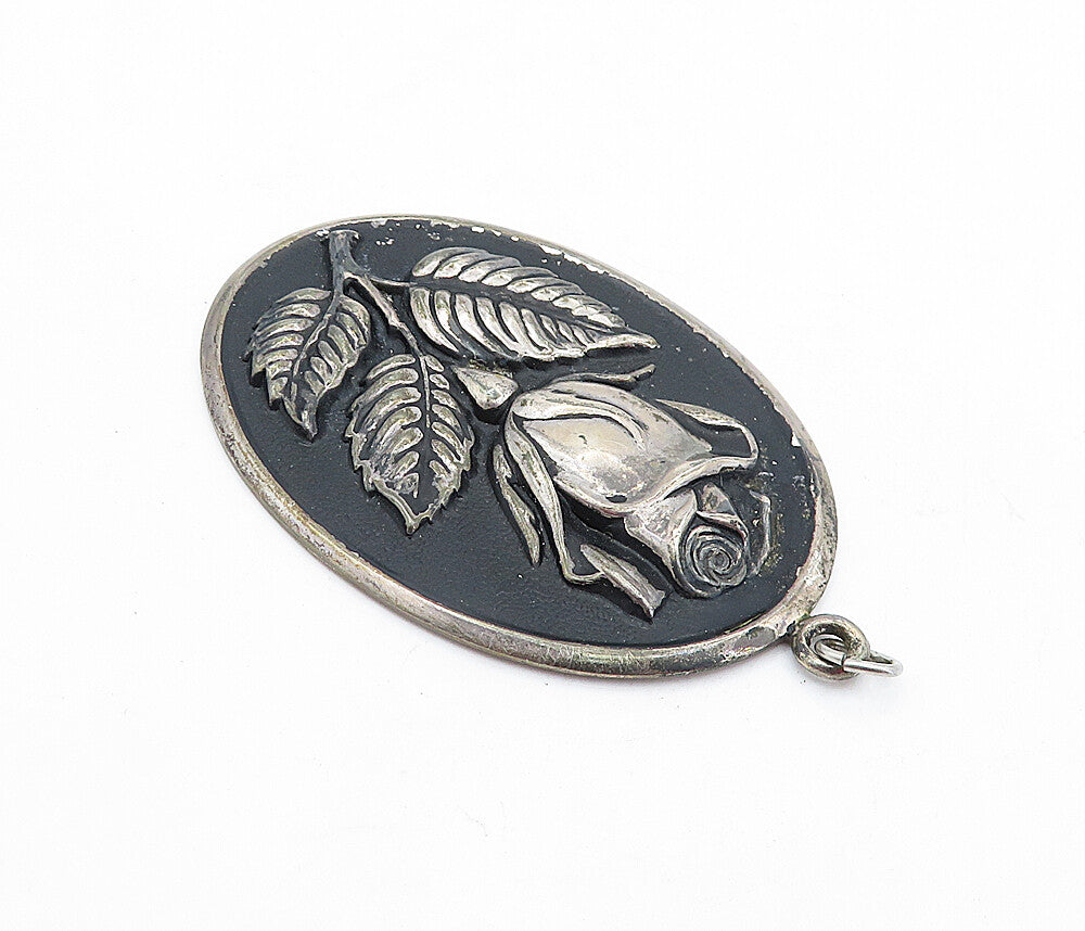 INTERNATIONAL 925 Sterling Silver Vintage Rose Flower Oval Pendant PT3890