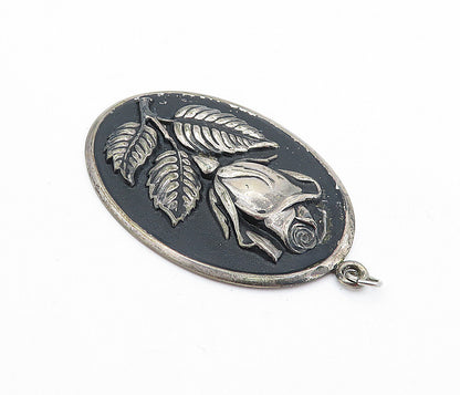 INTERNATIONAL 925 Sterling Silver Vintage Rose Flower Oval Pendant PT3890