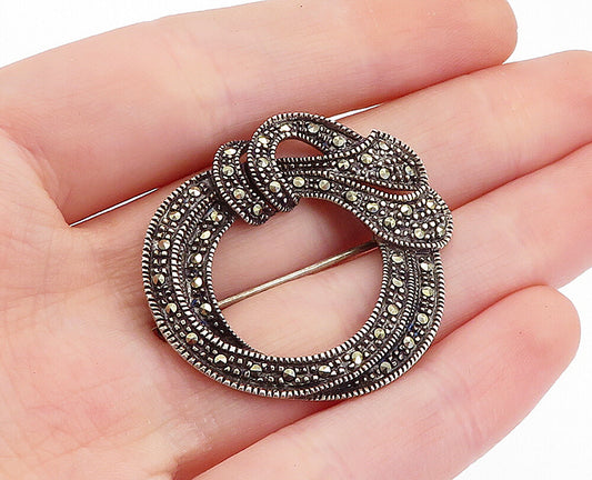 925 Sterling Silver Vintage Marcasite Decorated Tied Ribbon Brooch Pin BP2000