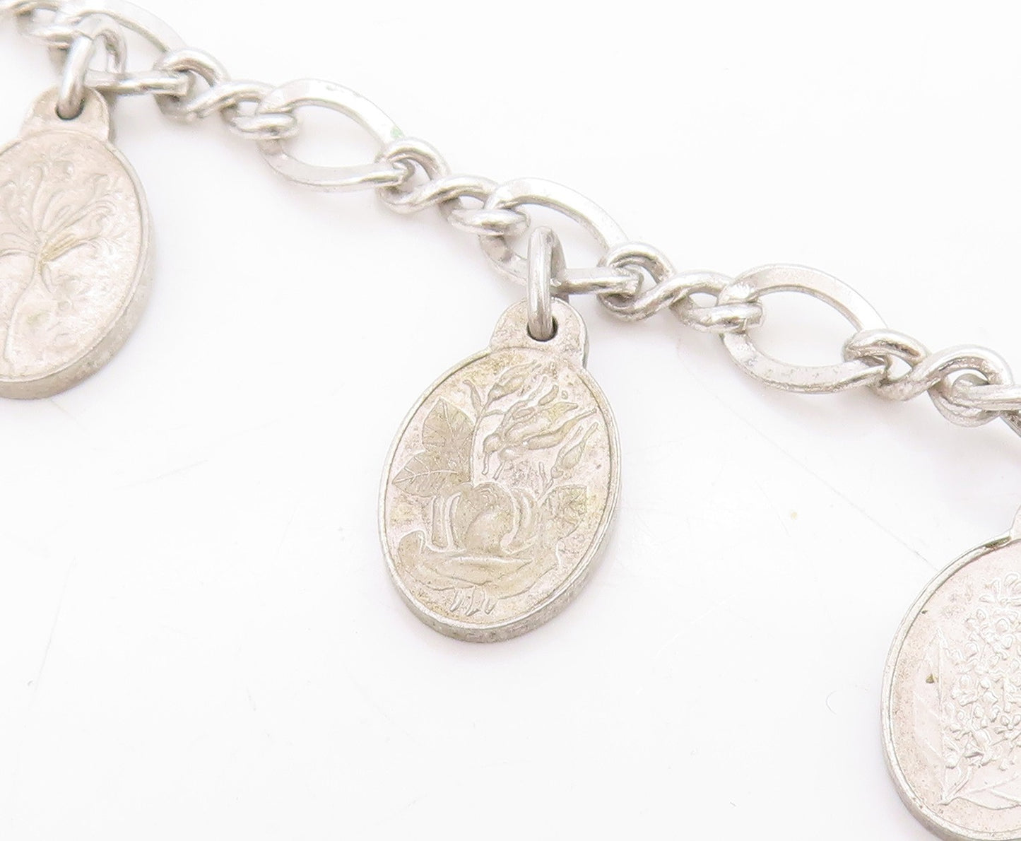 925 Sterling Silver Vintage Bracelet Seven Flowers of Love Oval Charm  BT11711
