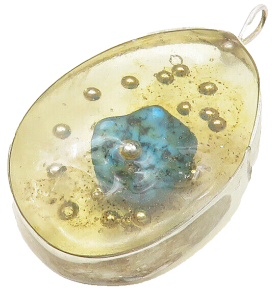 925 Sterling Silver  Vintage Turquoise Glass Art Oval Drop Pendant  PT7987