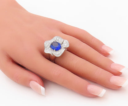 925 Sterling Silver Vintage Ring Oval Sapphire & CZ Inlay Flower Sz 7.5  RG30236