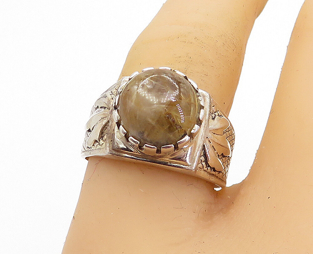 925 Sterling Silver  Vintage Rutilated Quartz Leaf Cocktail Ring Sz 9  RG4432