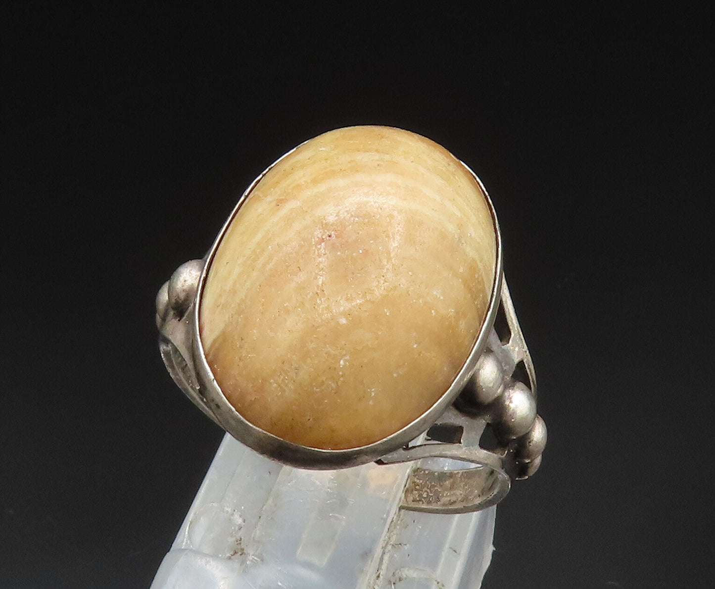 925 Sterling Silver  Vintage Cabochon Agate Beaded Shank Ring Sz 7.5  RG24933