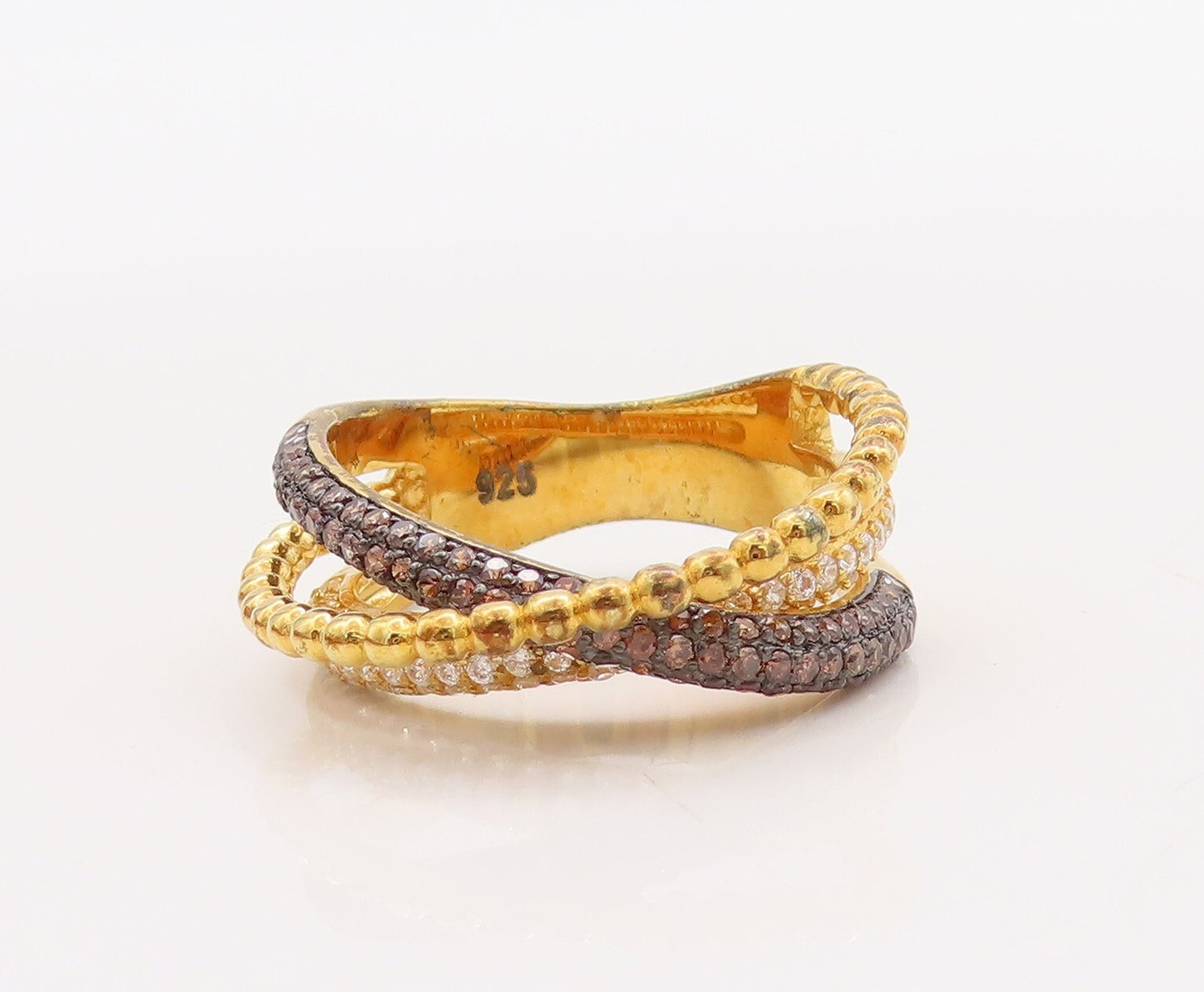 925 Sterling Silver Vintage Ring Gold Plated CZ Inlay Cutout Bands Sz 7  RG29876