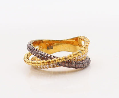 925 Sterling Silver Vintage Ring Gold Plated CZ Inlay Cutout Bands Sz 7  RG29876