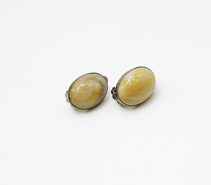 925 Sterling Silver  Vintage Cabochon Cut Gemstone Clip On Earrings  EG1894